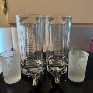 2 Jägermeister 0.2l Liqueur Glasses , 2 Shot Glasses, 2 holders set Jager bombs